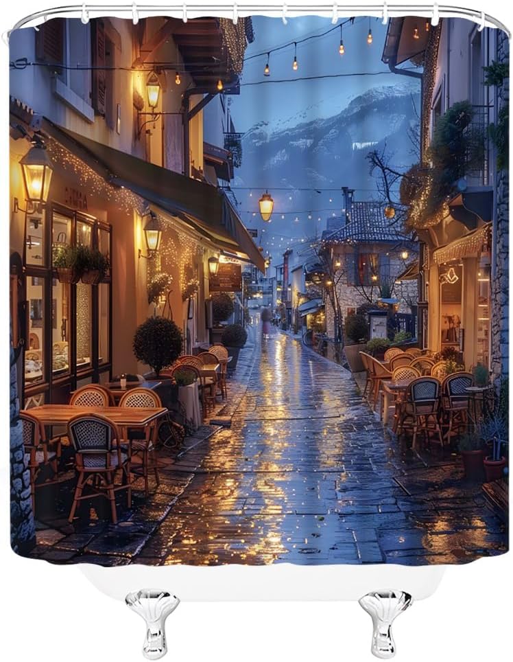 Italian City Shower Curtain Romantic European Street Night View Fantasy Mountain Landscape Cafe Chairs Bathroom Decor Curtains Polyester with Hooks