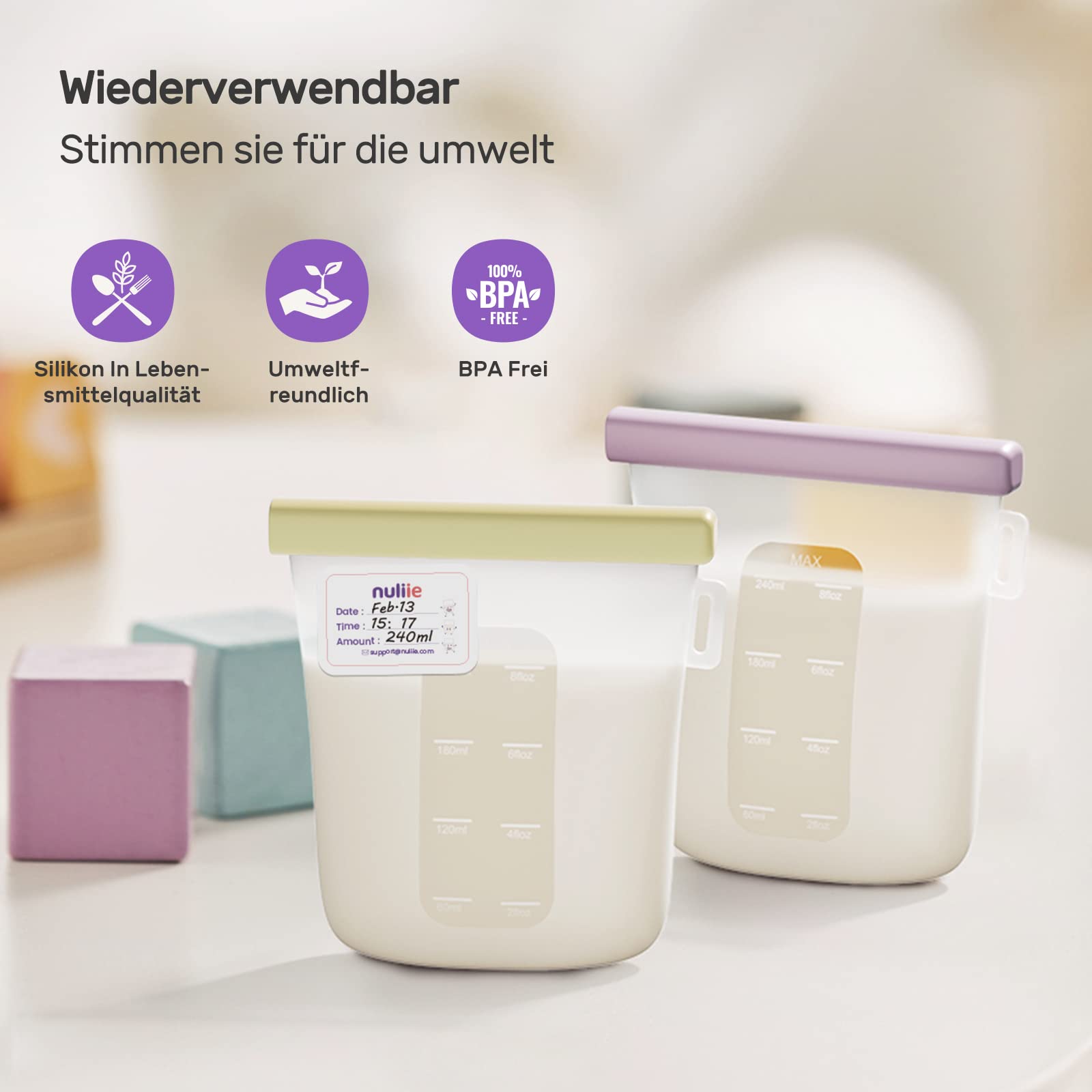 Nuliie 7 Stück Wiederverwendbare Muttermilchbeutel, 8oz/240ml Auslaufsichere Muttermilch Aufbewahrung, Gefrierschrank Lebensmittelqualität Silikon-Milchbeutel für das Stillen, BPA Frei, Selbststehend