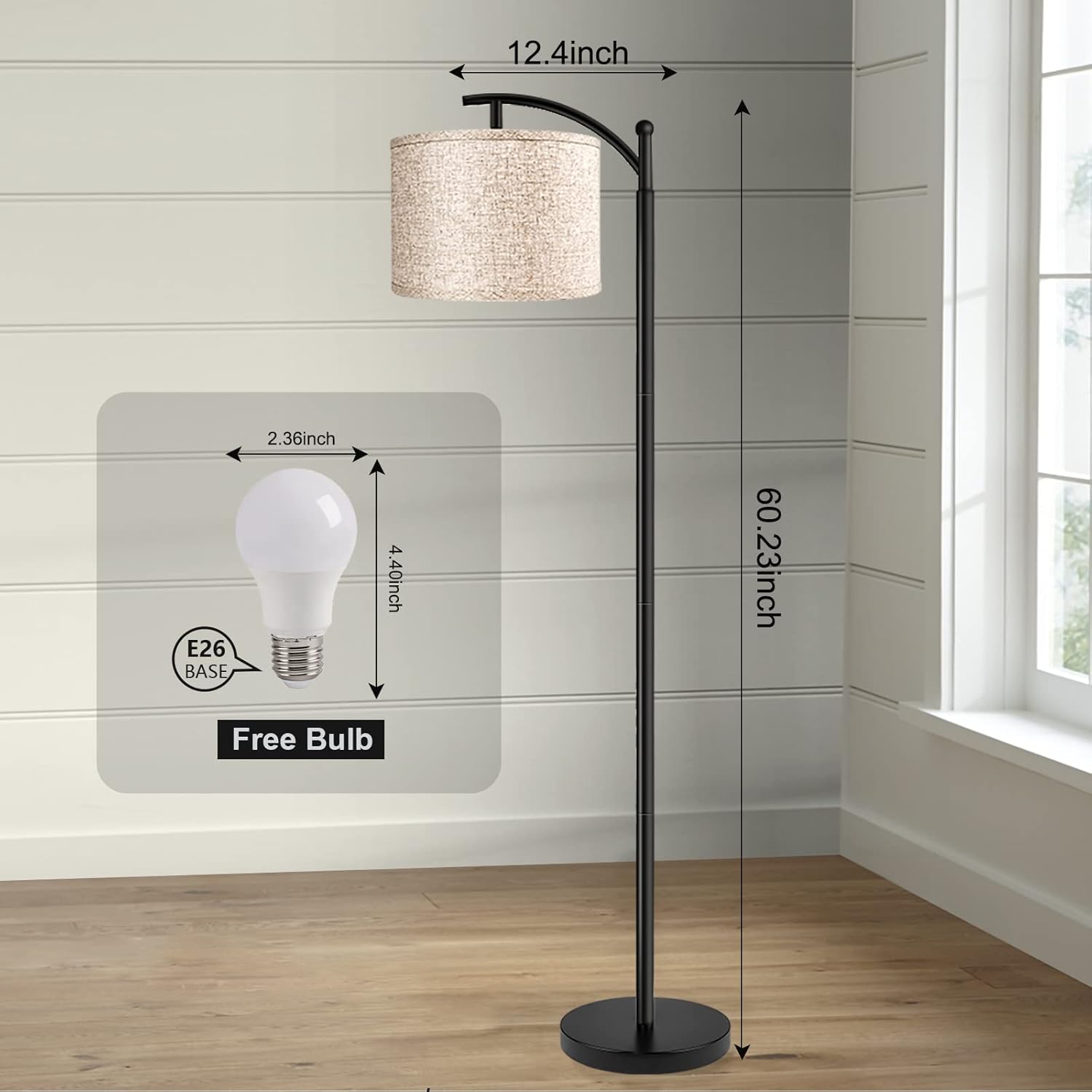Image showing the dimensions of the ROTTOGOON floor lamp, including total height of 60.23 inches, shade width of 12.4 inches, and E26 bulb dimensions.