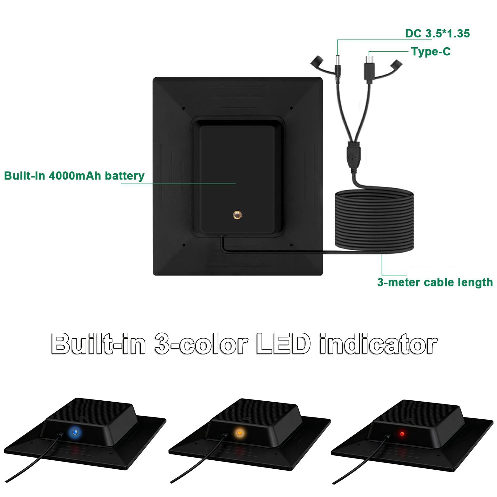 Pannello solare con batteria ricaricabile integrata da 4000 mAh, IP65, cavo di ricarica 2 in 1 da 3 m, con porte di ricarica DC3,5 x 1,35 e USB-C, per fotocamere da caccia, mangiatoia per cervi
