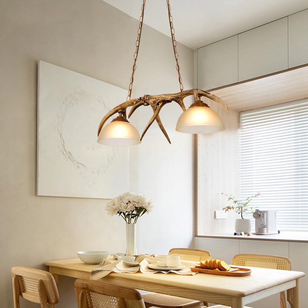 Vintage Pendant Lights E27 base Resin Antler Dining table Chandelier Height Adjustable Dining room pendant Lamp Rustic metal lampshade Hanging Lamp Living Room Bar Cafe teahouse Lighting Fixture(C)