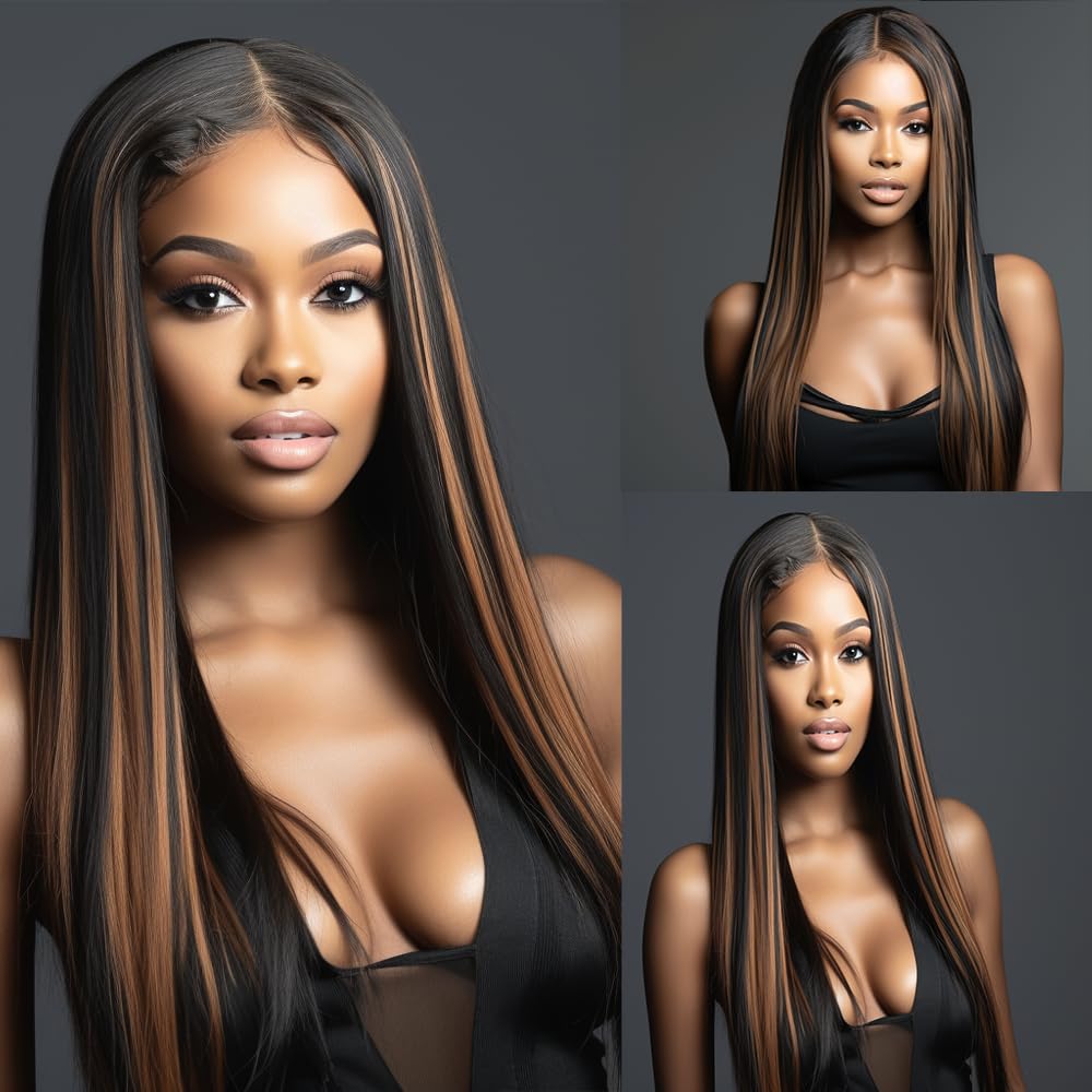 P1B30 Human Hair Brown Straight Bundles 26 28 30 inch Ombre Two Tone Black Mixed With Brown Bundle Double Weft Brazilian Hair Extensions Highlight Silky and Soft Bundles