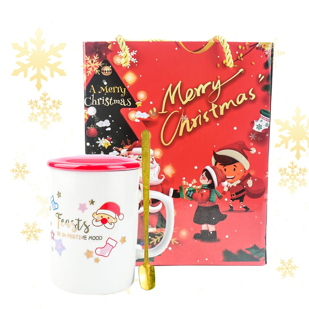SCHYIDA Christmas Mug Set Ceramic Cups Christmas 450 ml Coffee Mug Christmas with Lid and Spoon Cute Ceramic Cups White Christmas Cup Drinking Cup with Gift Packaging for Christmas