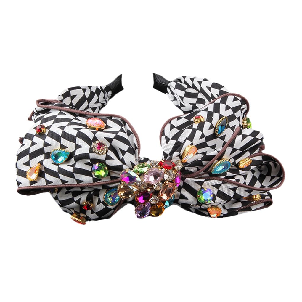 Diadema para mujer, lazo sedoso a cuadros incrustado con diamantes de imitación de colores, accesorios para el cabello de viaje ligero 1