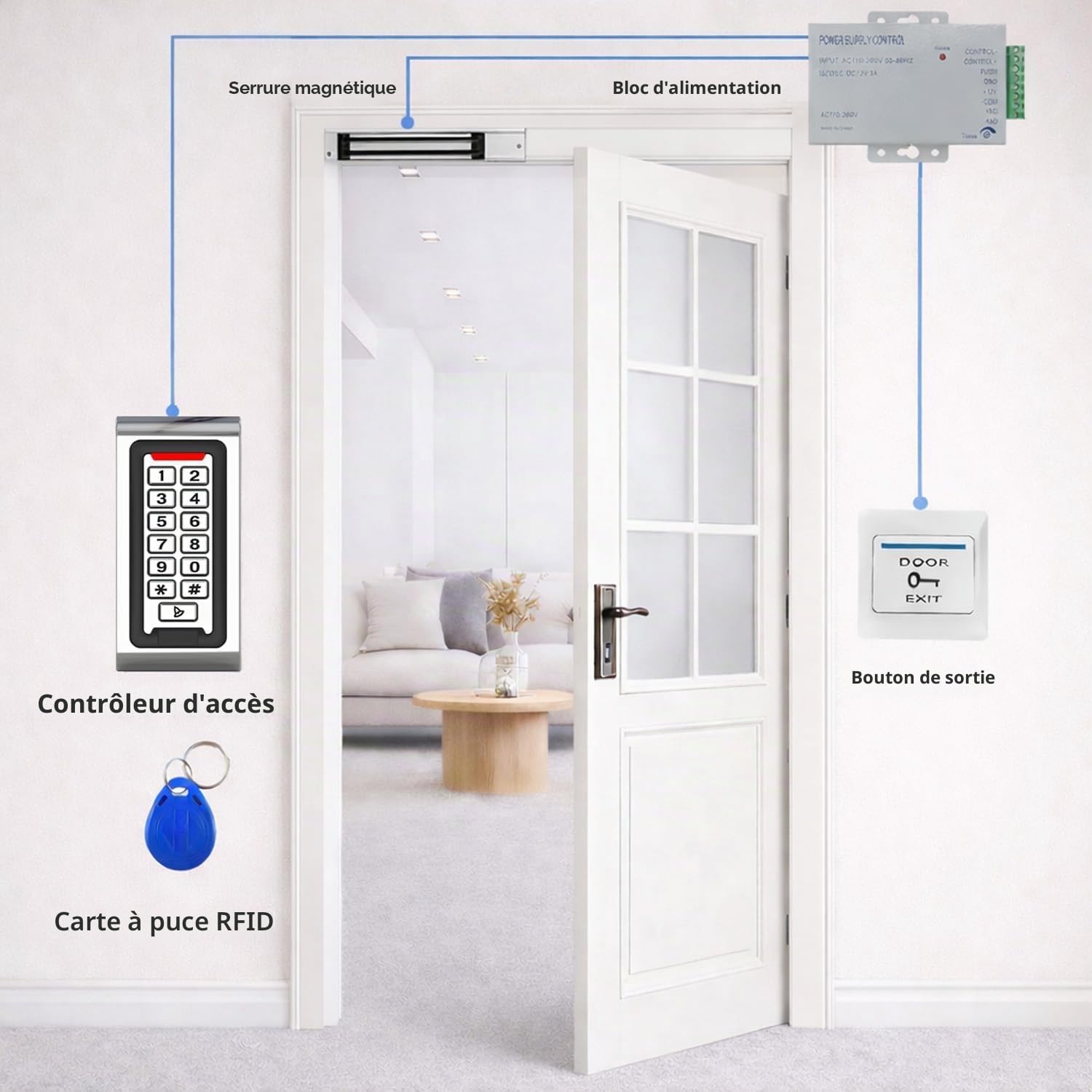 Système de Contrôle d’Accès WiFi Tuya RFID avec Clavier à Code Métal IP68, Alimentation 12V 3A, Serrure Électromagnétique 180kg (400lbs) Finition Brossée, Bouton de Sortie + 10 Badges EM 125kHz