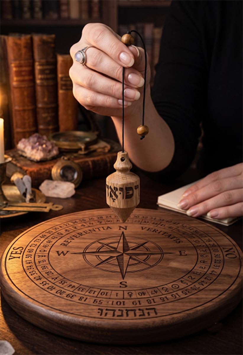 Péndulo grabado Hebreo de Radiestesia en Madera de Roble - Diagnóstico Energético y Sanación Holística con Caja Grabada y Saquito - Péndulo Cónico para Terapeutas, Chakras y Reiki