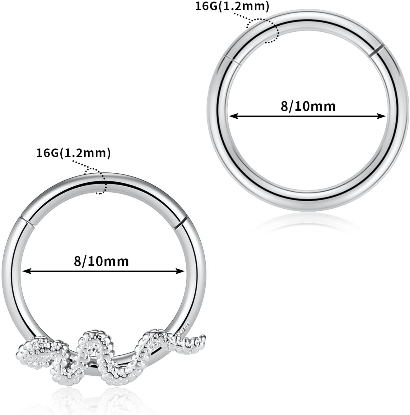 PEAKLINK 16G Septum Jewelry Daith Earrings 316l Surgical Steel Conch Hoop Earrings 2Pcs Seamless Clicker Nose Ring Tragus Helix Rook Piercing Jewelry Cartilage Lobe Hoop Earrings 8mm 10mm - Image 3