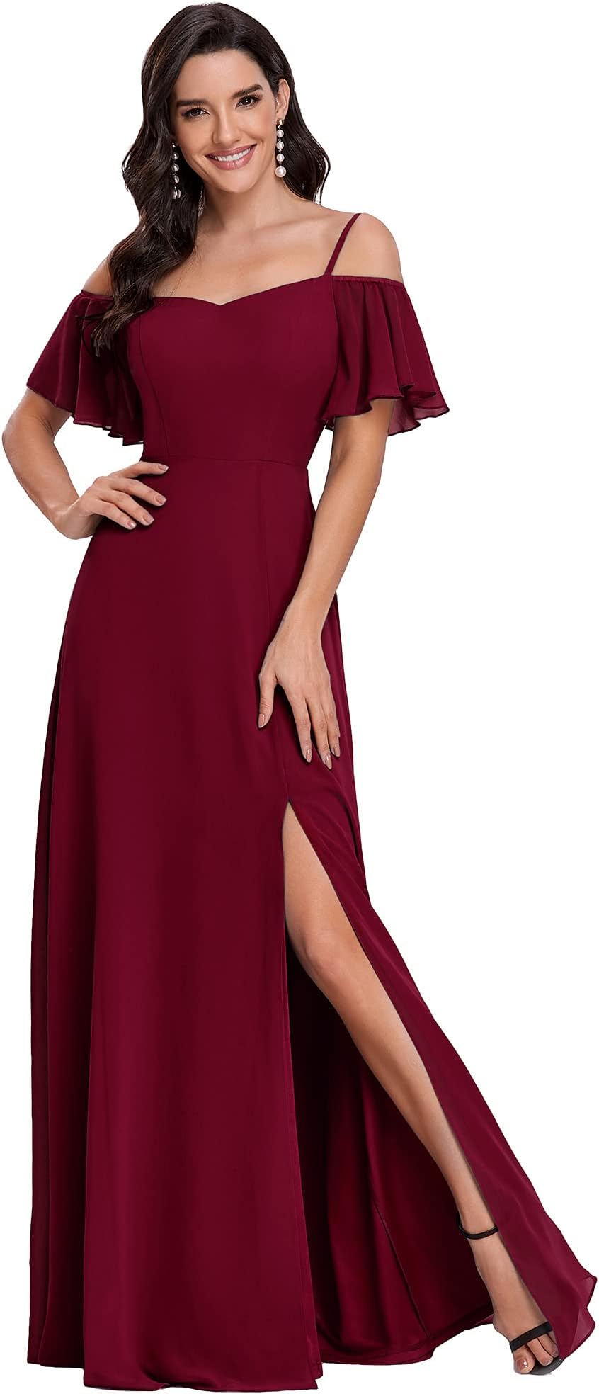Women's Formal Dresses Off Shoulder Short Sleeve Split A-Line Floor Length Bridesmaid Dresses 0237