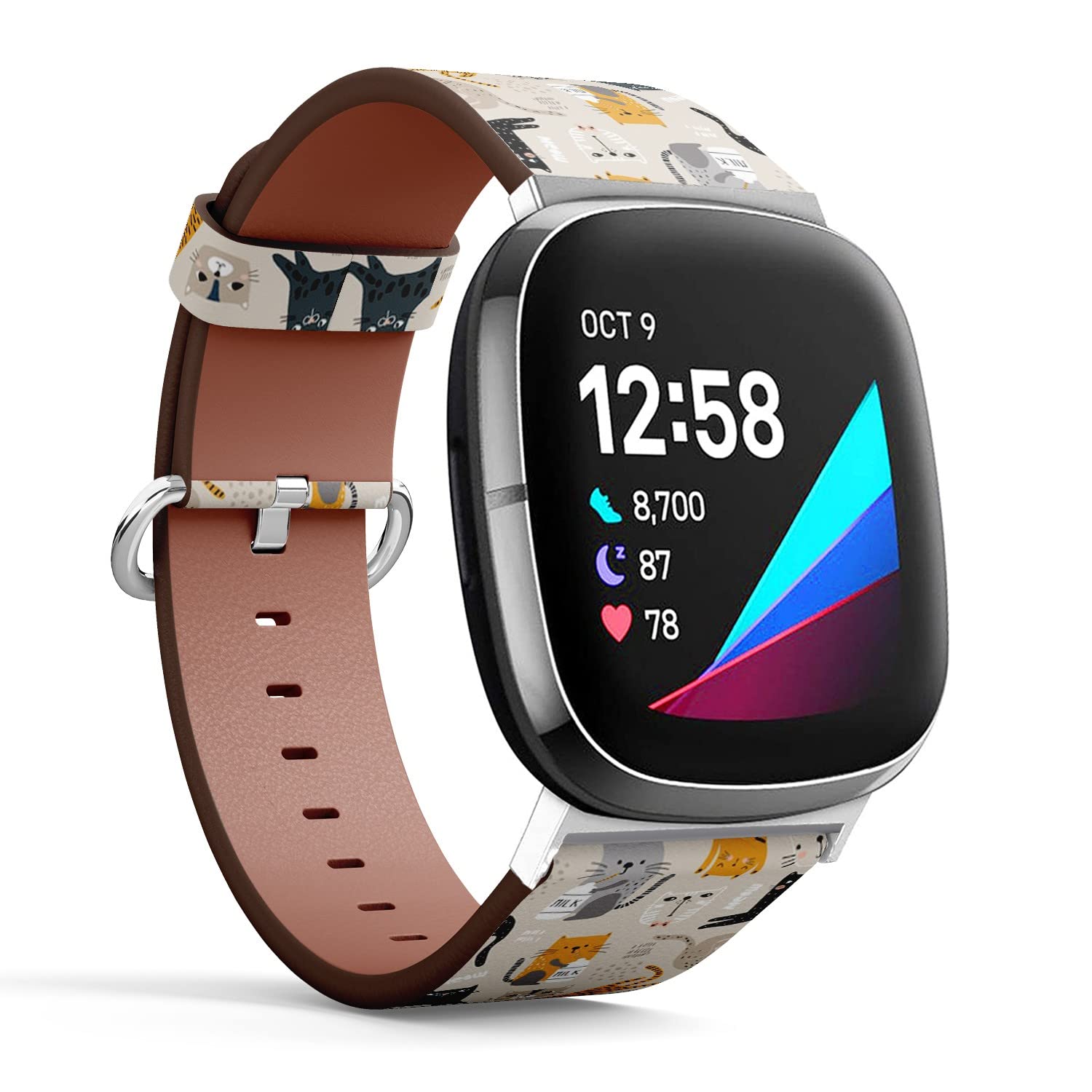CJBROES Replacement Leather Watch Band, Compatible with Fitbit Versa 3 and Fitbit Sense of Wristband Bracelet Accessory - Different Funny Cats