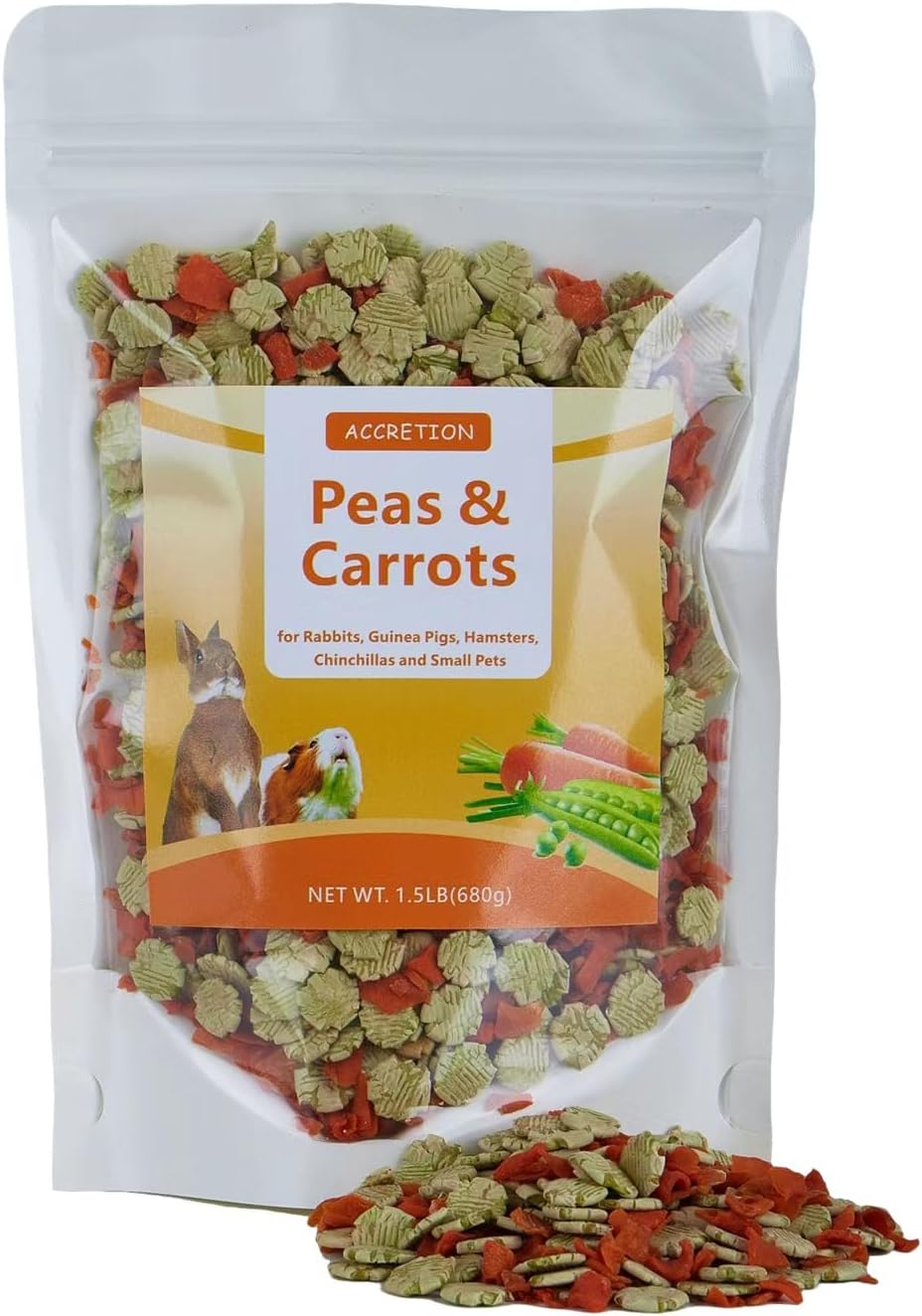 Accretion Carrot & Pea Flakes Mix for Small Pets - 1.5 lb Natural Snack for Chinchillas, Rabbits, Guinea Pigs - Dual-Texture, Vitamin-Rich