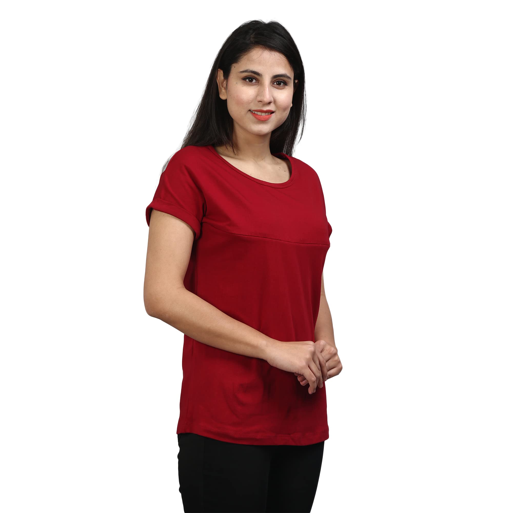 Sillyboom Premium Cotton Solid Women's Pregnancy Maternity Feeding T-Shirt, Nursing Top Tee Round Neck Half Sleeves T-Shirt for Pregnant Women (Maroon, L) 1