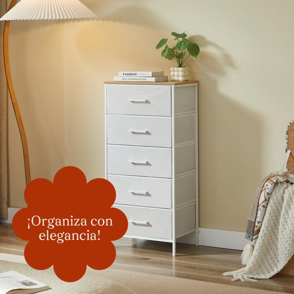 CASABEL cómoda Alta y Estrecha Blanca, 5 cajones de Tela rígida, Metal Blanco y Tablero, 45x30x94cm, cajonera para Dormitorio, salón, recibidor o Pasillo, sinfonier Funcional y práctico