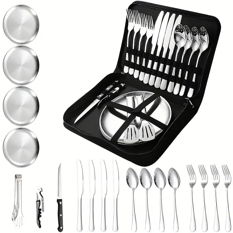 Brikipth Camping Crockery Set, Silver, 20-Piece Camping Cutlery Set for 4 People, Portable Stainless Steel Picnic Tableware Set with Case, Ideal for Camping, Travel, Hiking and Picnics Outdoor (B0CR5VZTRF) Amazon Price History, Amazon Price Tracker