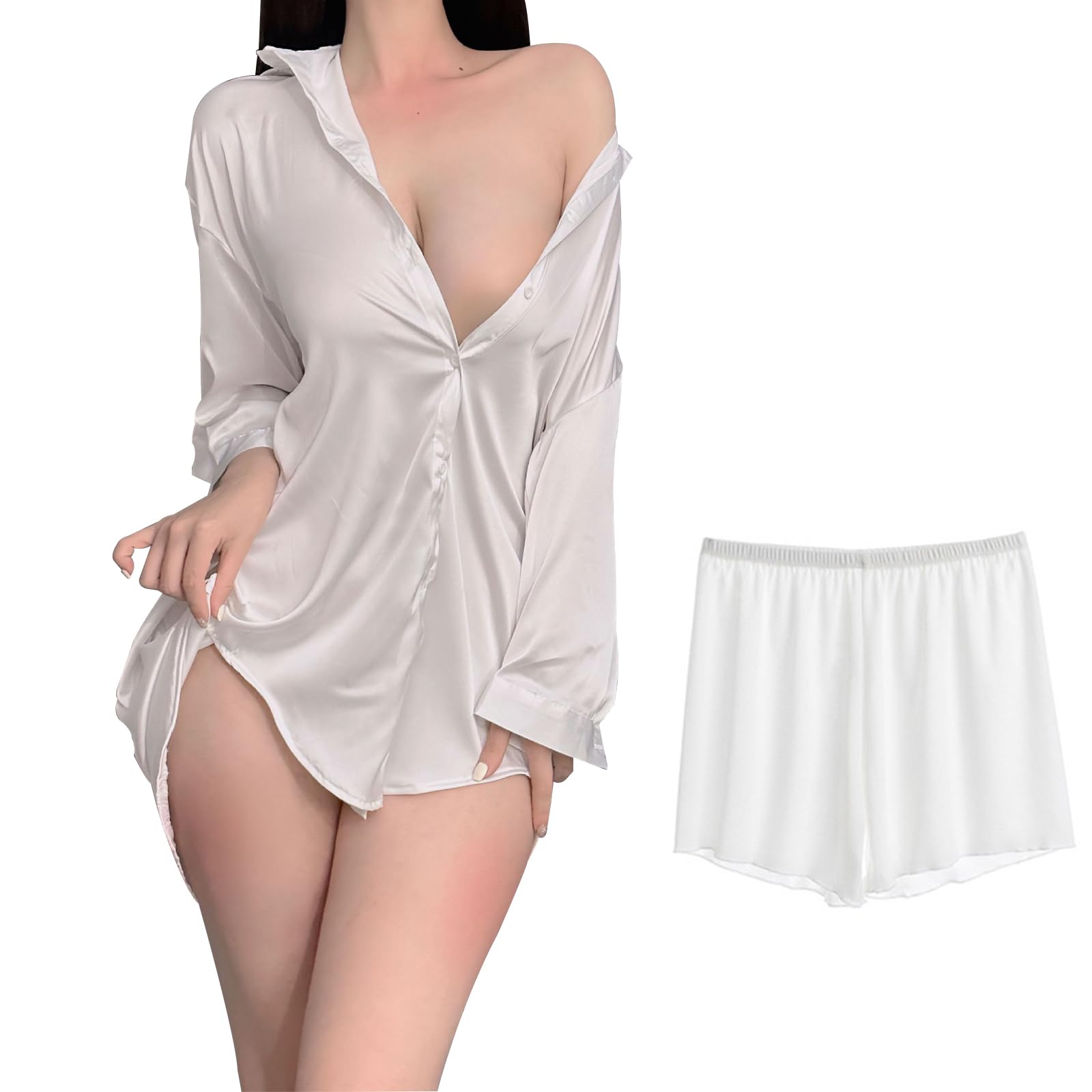 Women's Long Sleeve Satin Sleep Shirt with Shorts Button Down Nightgown Silk Nightshirt Pajama Top Boyfriend Sleepwear-image-9