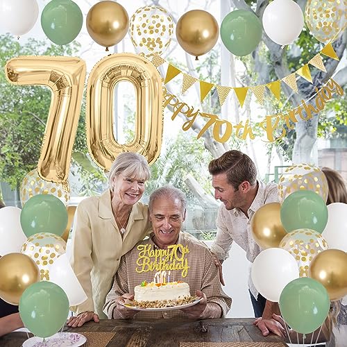 Image of Sage Green White Gold 70th Birthday Balloons with Happy 70th Banner, Cake Decoration Number 70 Balloon for 70 Year Old Party Decor