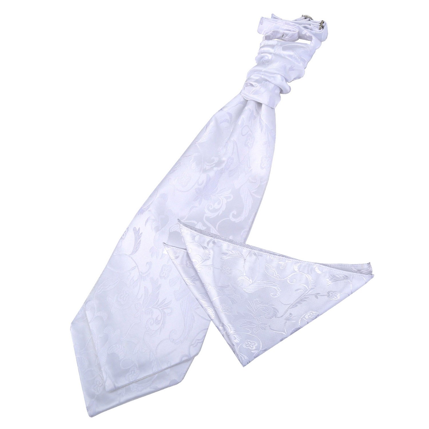DQT Mens Passion Floral Pre-Tied Cravat & Pocket Square Set – Wedding Formal Ascot - White