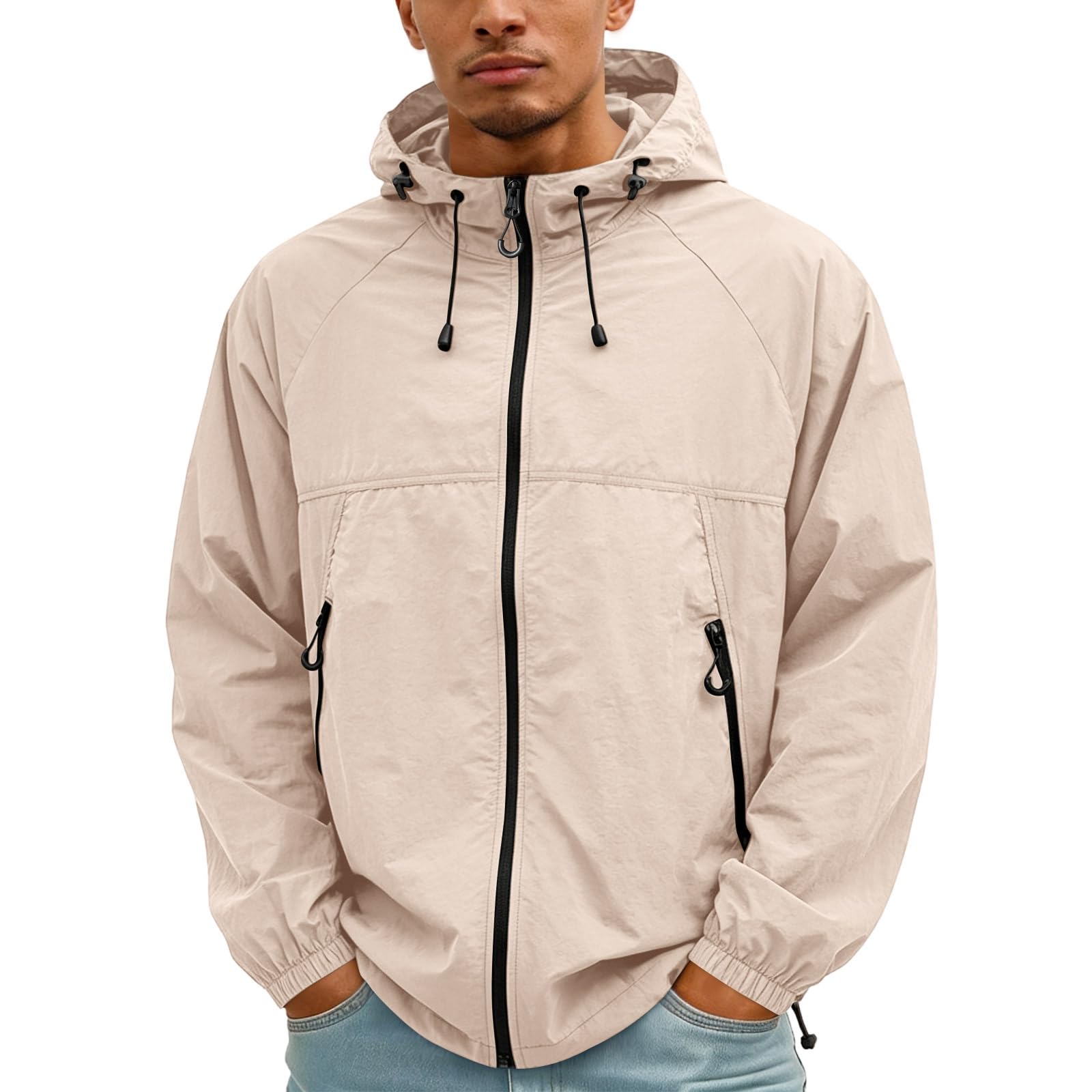 Men's Uv Protection Quick Dry Jacket Breathable Drawstring Hooded Zip Up Outerwear Zipper Pockets Elastic Hem Classic Fit Casual Solid Color Coat Travel Summer Pink L