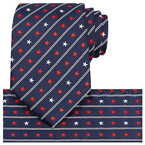 KissTies Patriotic Tie Set Silk Extra Long Ties US Stars Necktie + Pocket Square