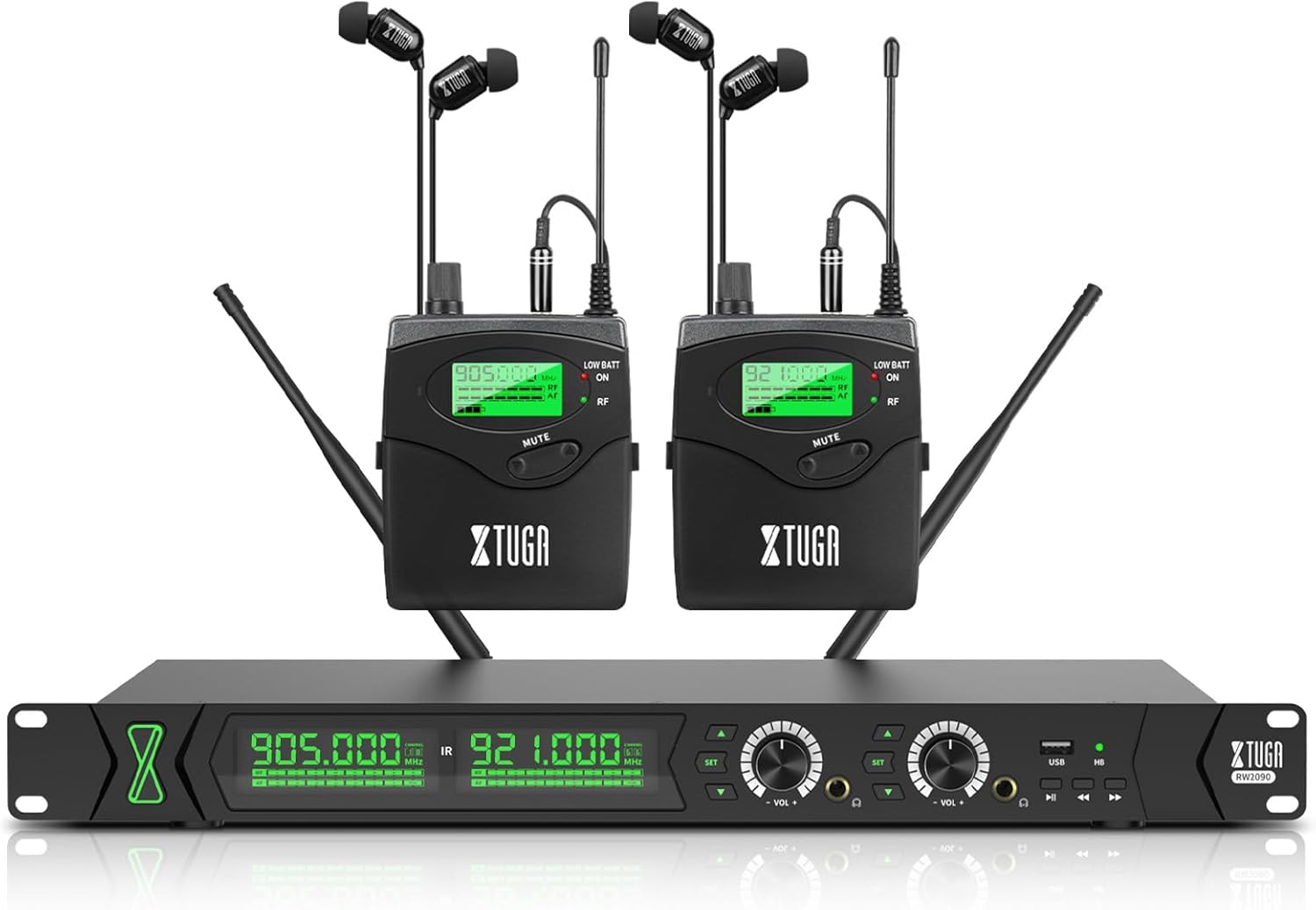 XTUGA RW2090 Wireless in Ear Monitor System, 2 Bodypack Receivers, 230ft(70m) Range, Bluetooth Audio Monitoring for Stage Performance, Band Rehearsal & Studio Recording (902-928MHz)
