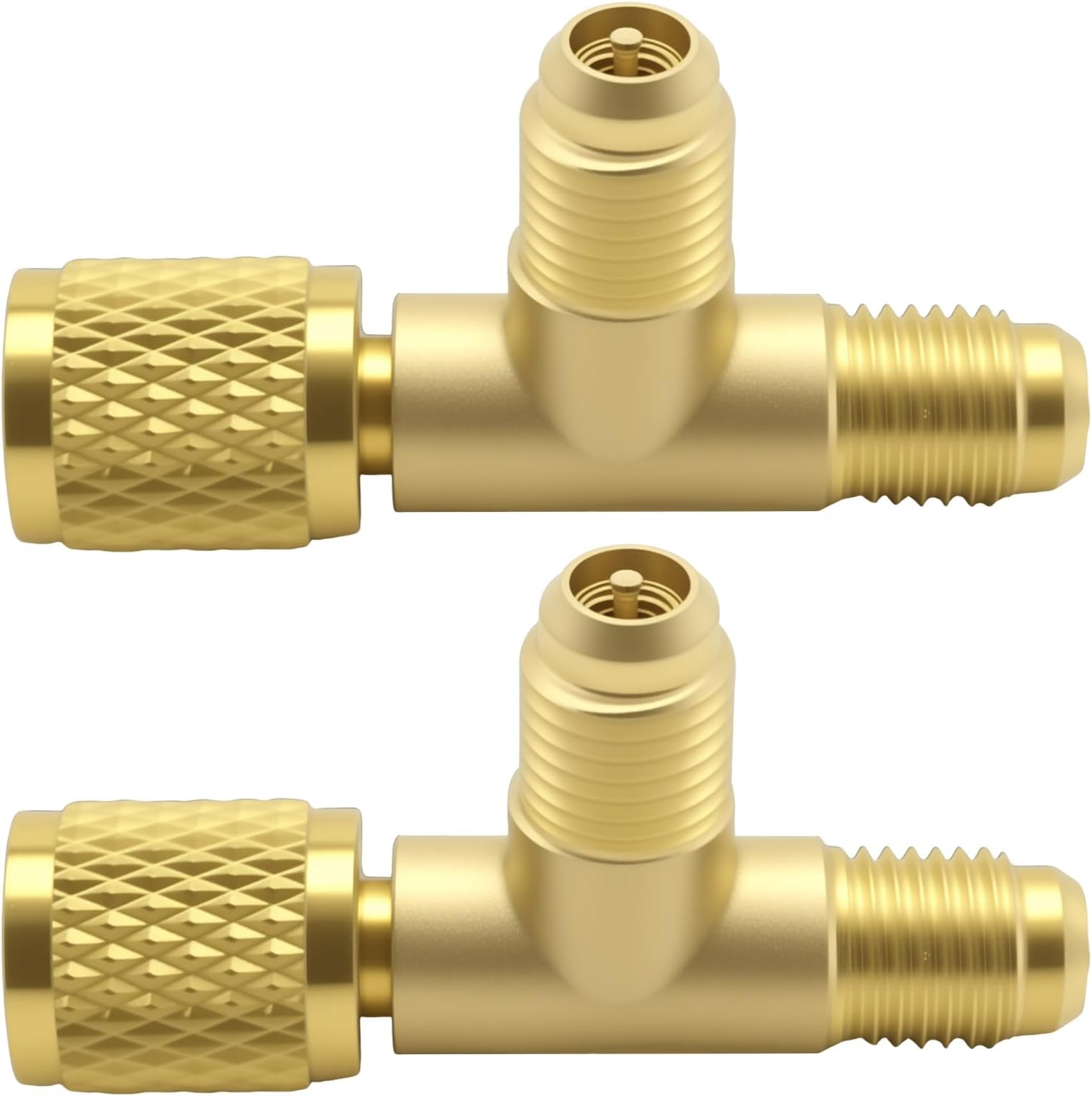 2Pcs Quick Coupler Access Tee, 1/4'' SAE Valves Core Tee Adapter Brass Refrigerant with Swivel Connector, Fit for R22 R12 R134 Gauge Deep Vacuum Pump Manifold