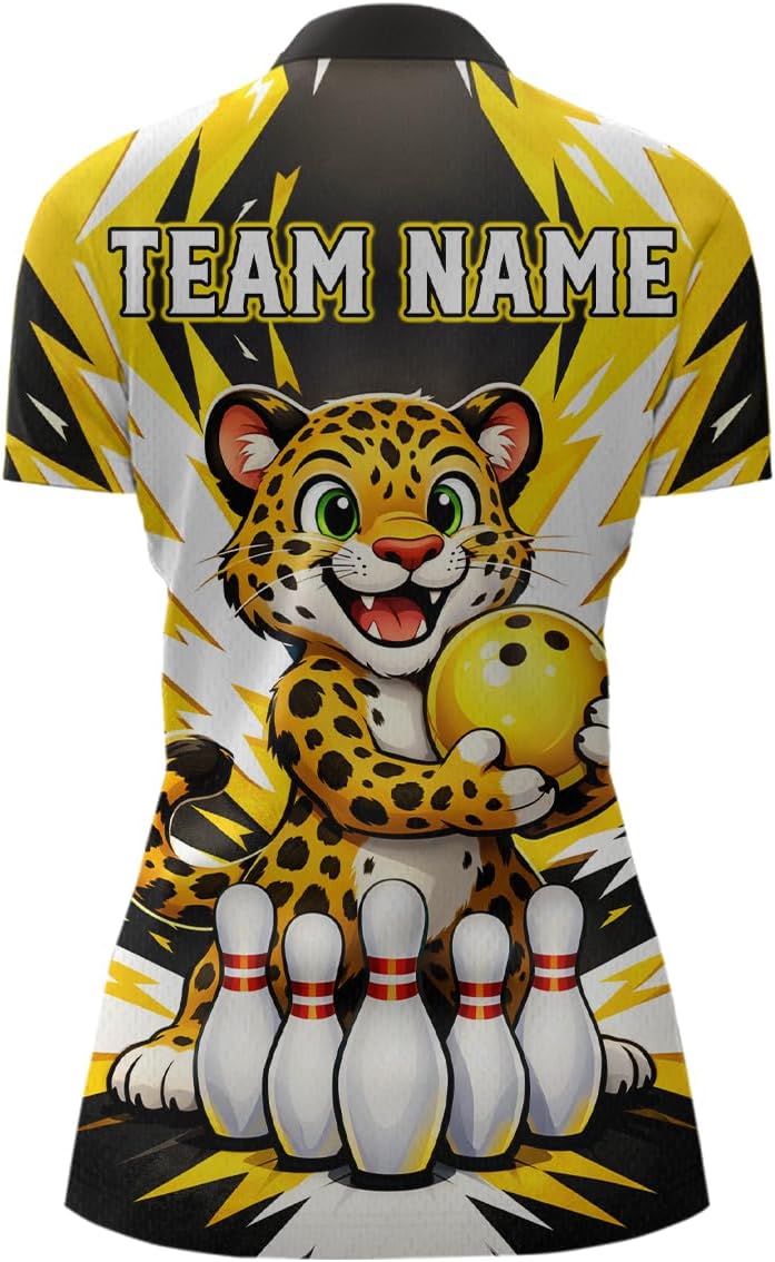 Funny Leopard Bowling Shirts for Team Men Women Leopard Bowling Jersey Yellow Bowling Polo and Bowling Zip Shirt