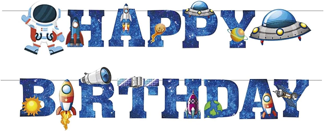 Outer Space Birthday Banner Party Decoration - Comic Spaceship Astronaut Happy Birthday Supplies Decor for Kids Parties Boys Girls