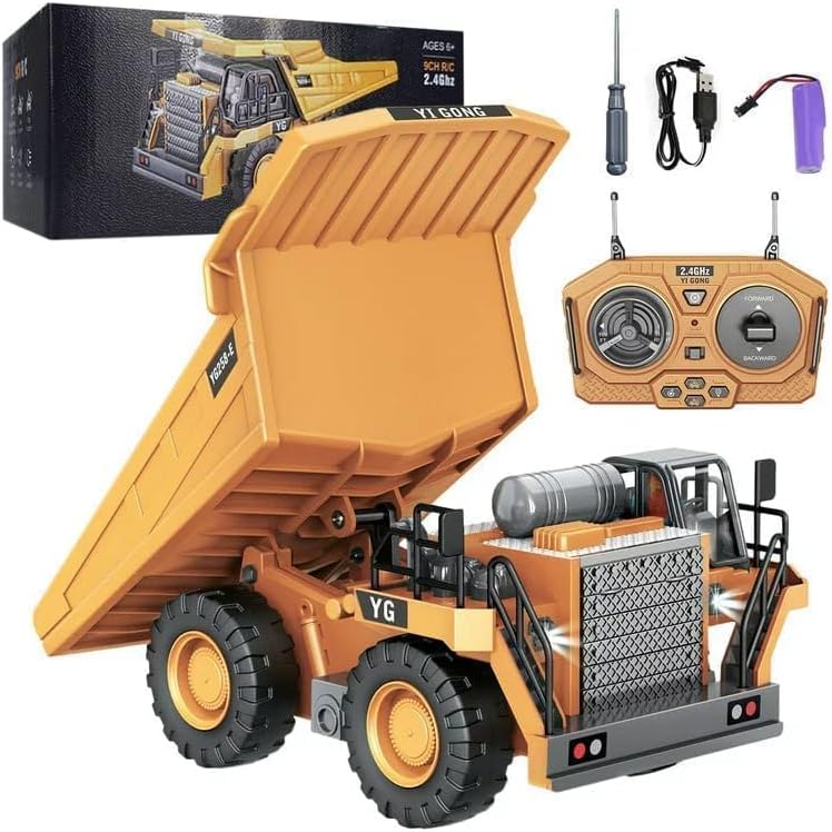 RC Dump Truck,Remote Control Dump Truck, 2.4GHz 9 Channel RC Construction Truck, Engineering Vehicles Educational Toys with Light and Music for Kids