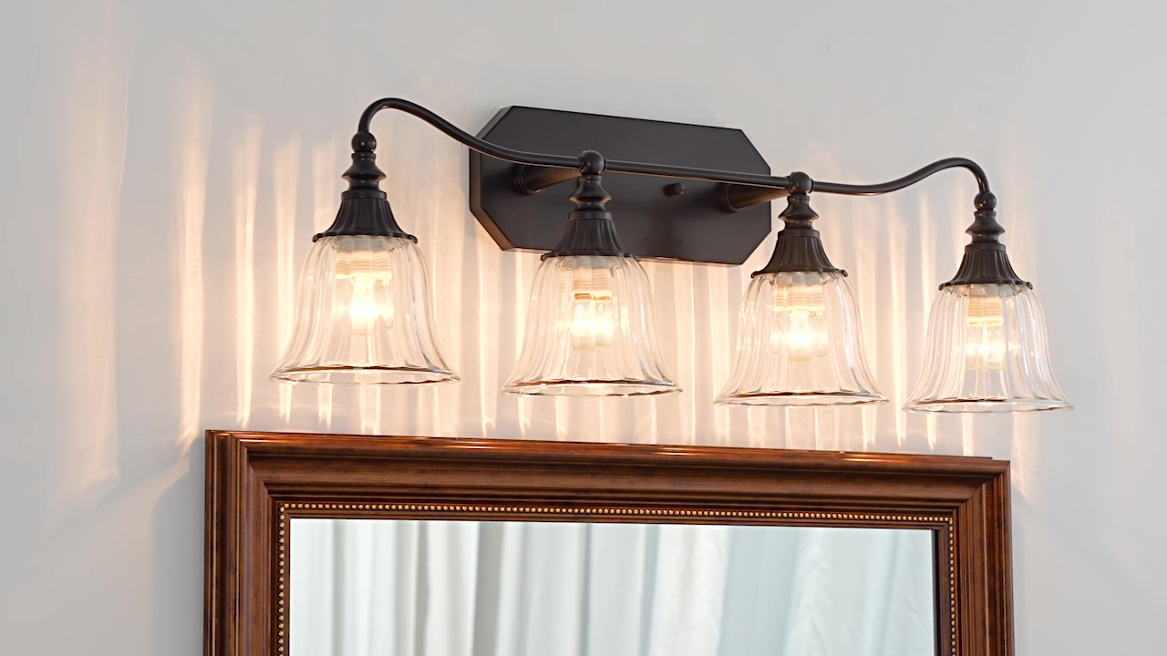 Image of LmnLvn 4-Light Bathroom Vanity Light, Matte Black with Crystal Glass Shade