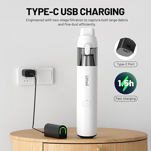 Miniatura 7 de LiTHELi Aspiradora de mano inalámbrica, potente succión de 10,000 Pa con batería U recargable, ultra ligero mini eliminador de polvo para automóvil,