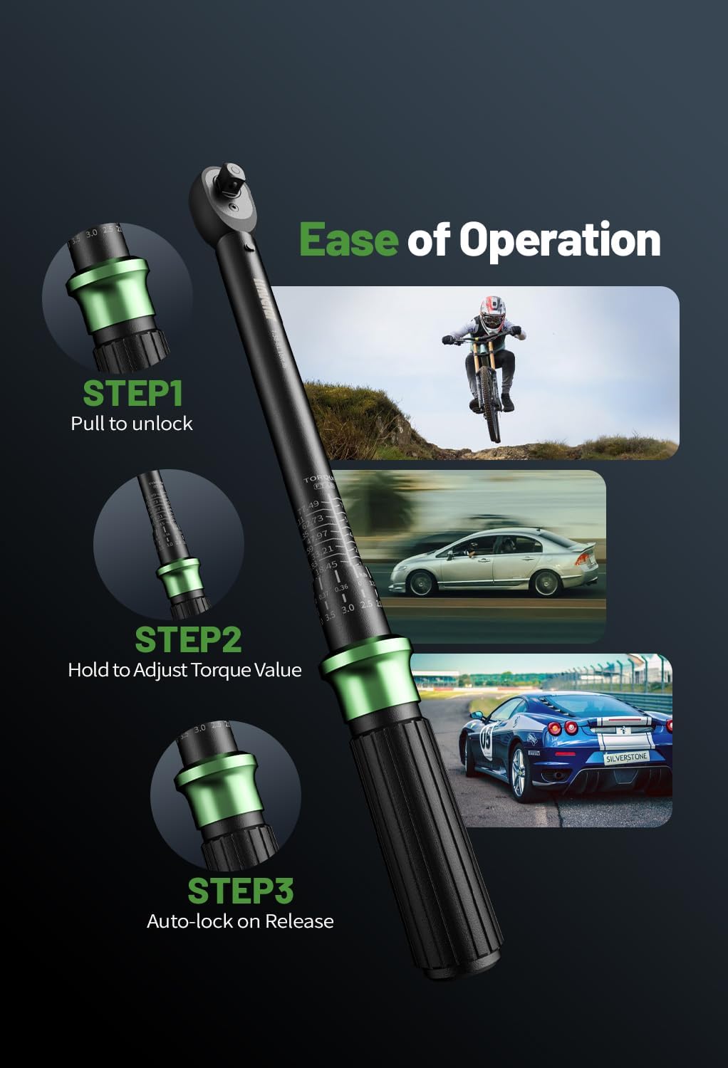 3/8 Drive Clic Torque Wrench Inch Pound, 7.38-81.18 ft.lb, ±3% Accuracy, Adjustable Torque Wrench for Bike, Motorcycle, Car Spark