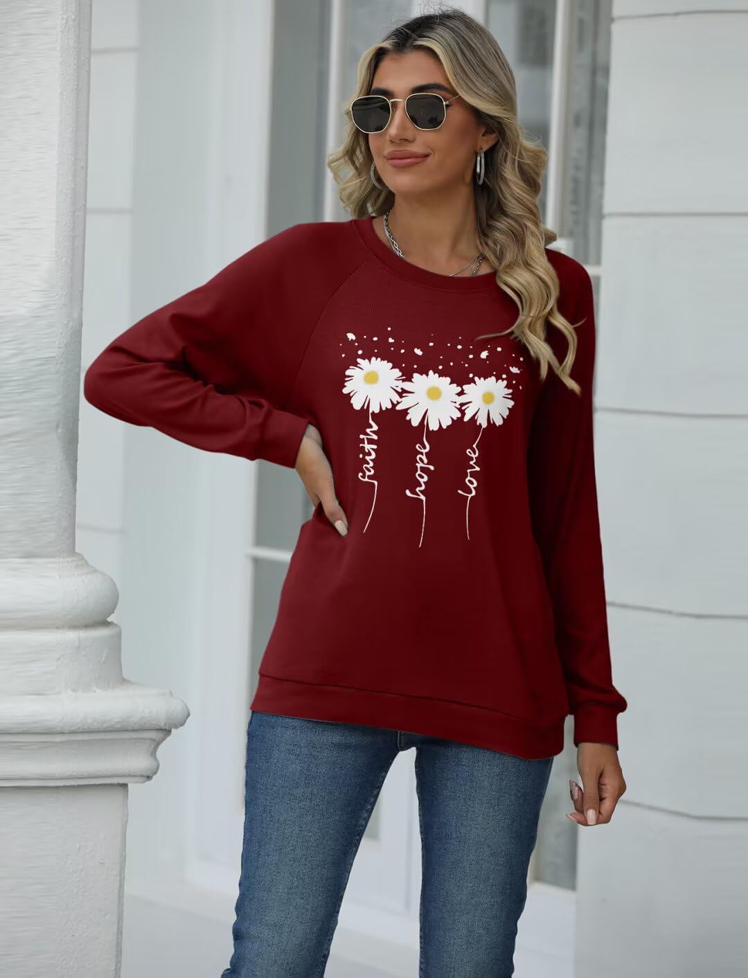 EADINVE Women Crewneck Daisy Print Long Sleeve Sweatshirts Faith-Hope-Love Graphic Tops Casual Loose Fit Pullover Shirts - Image 3