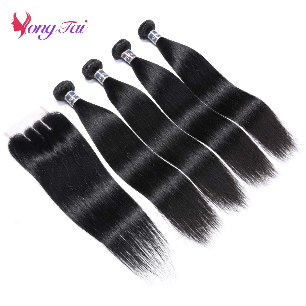 Malalysian Hair Bundles with Closure (24 24 24 24 +22,1B) 9A Virgin Straight Human Hair 4 Bundles with 3 Part Lace Closure Unprocessed Straight Hair Weave