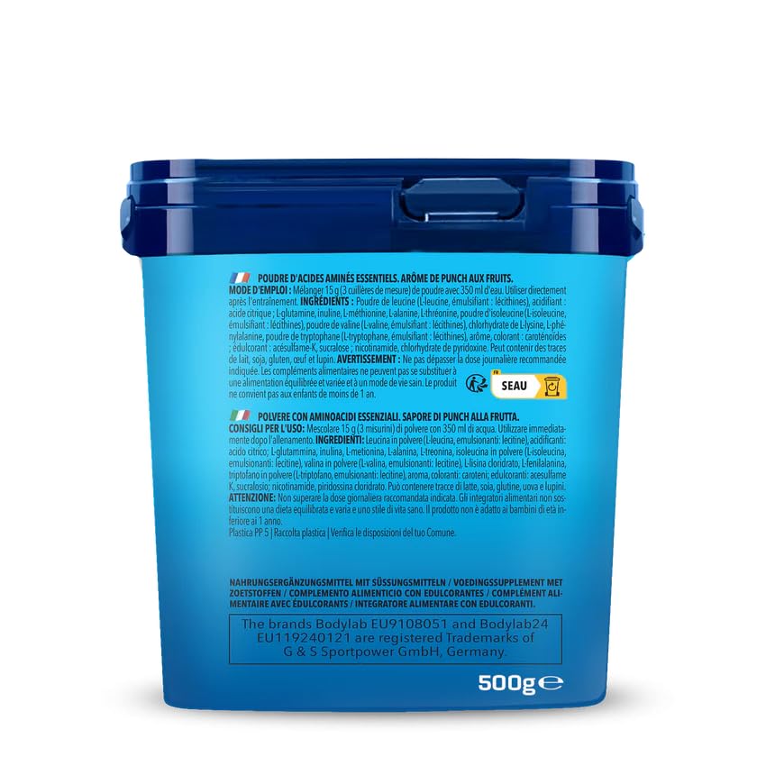 Bodylab24 EAA Extreme 500g, Essentielle Aminosäuren angereichert mit 1,5g Glutamin, 1g Alanin und den Vitaminen B6 und B3 als fruchtiges Getränk für Regeneration und Muskelaufbau, Fruchtmix
