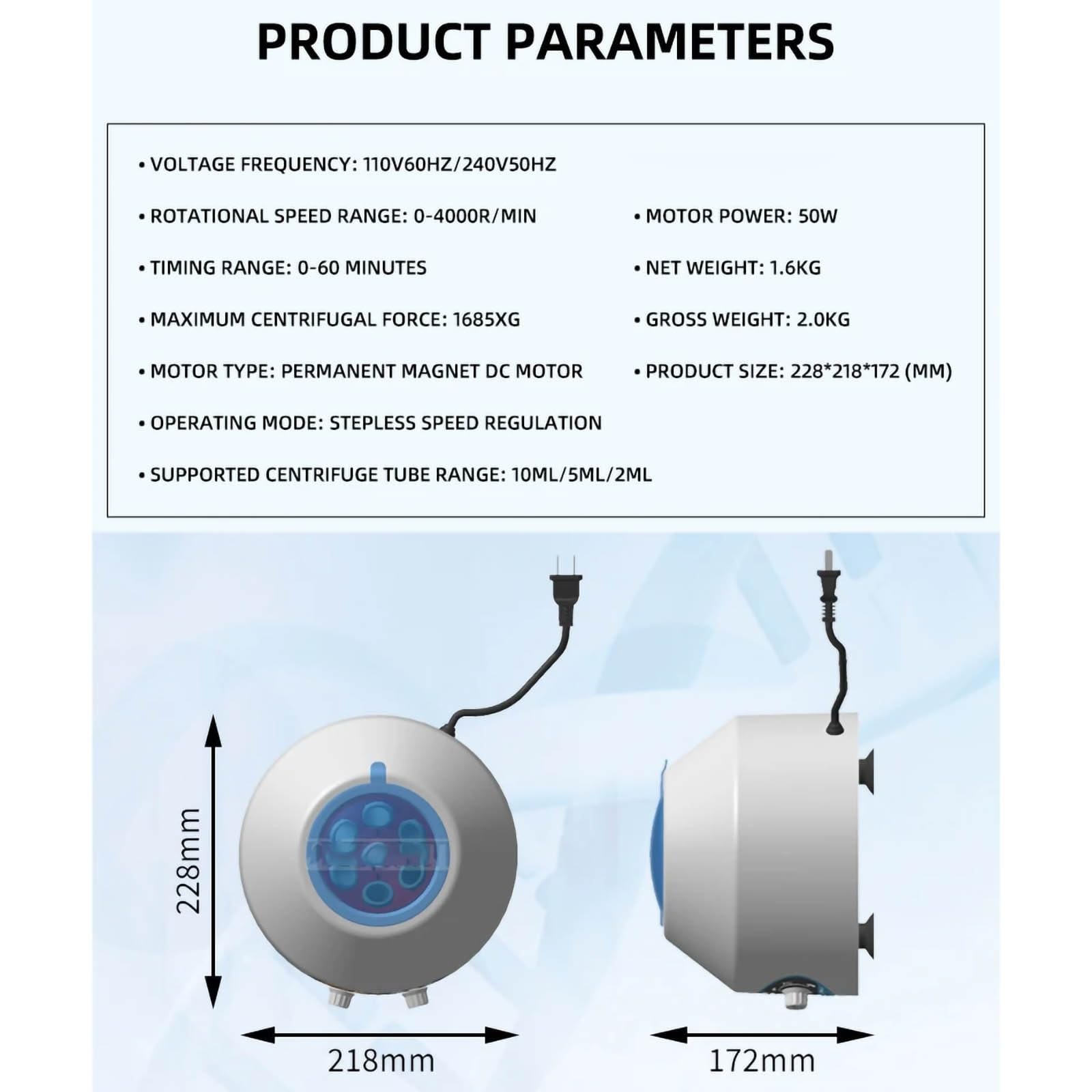 Mini centrifuga da laboratorio, bassa velocità 300–4000 giri/min con regolazione continua della velocità e timer da 0-60 minuti, centrifuga da banco