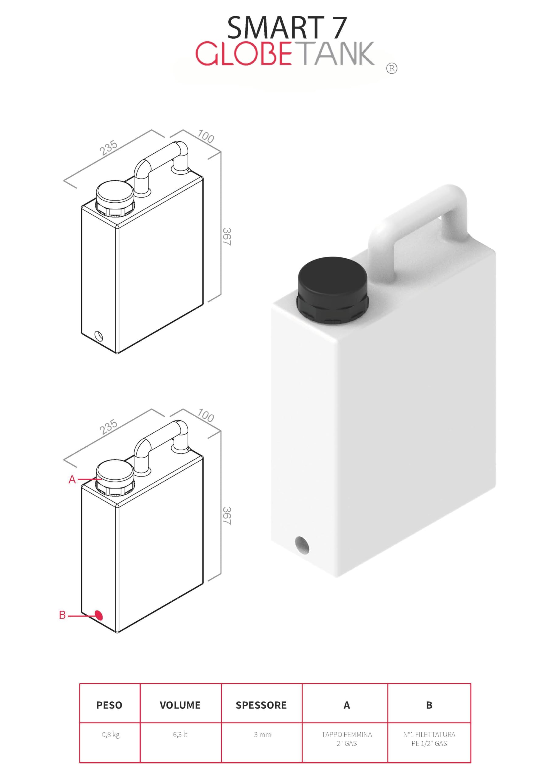 SERBATOIO SMART 7 VERTICALE RIGIDO ACQUA GLOBETANK (NERO CARBONE)
