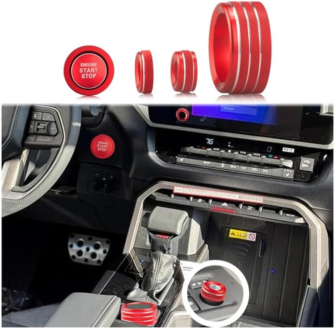 for Toyota Tundra Sequoia 2026-2022 One-Touch Start Button Cover/Ring Driving Mode, Rearview Mirror Adjustment, Volume Adjustment knob Cover Interior Decoration 5-piece Set (8-inch Screen, red)