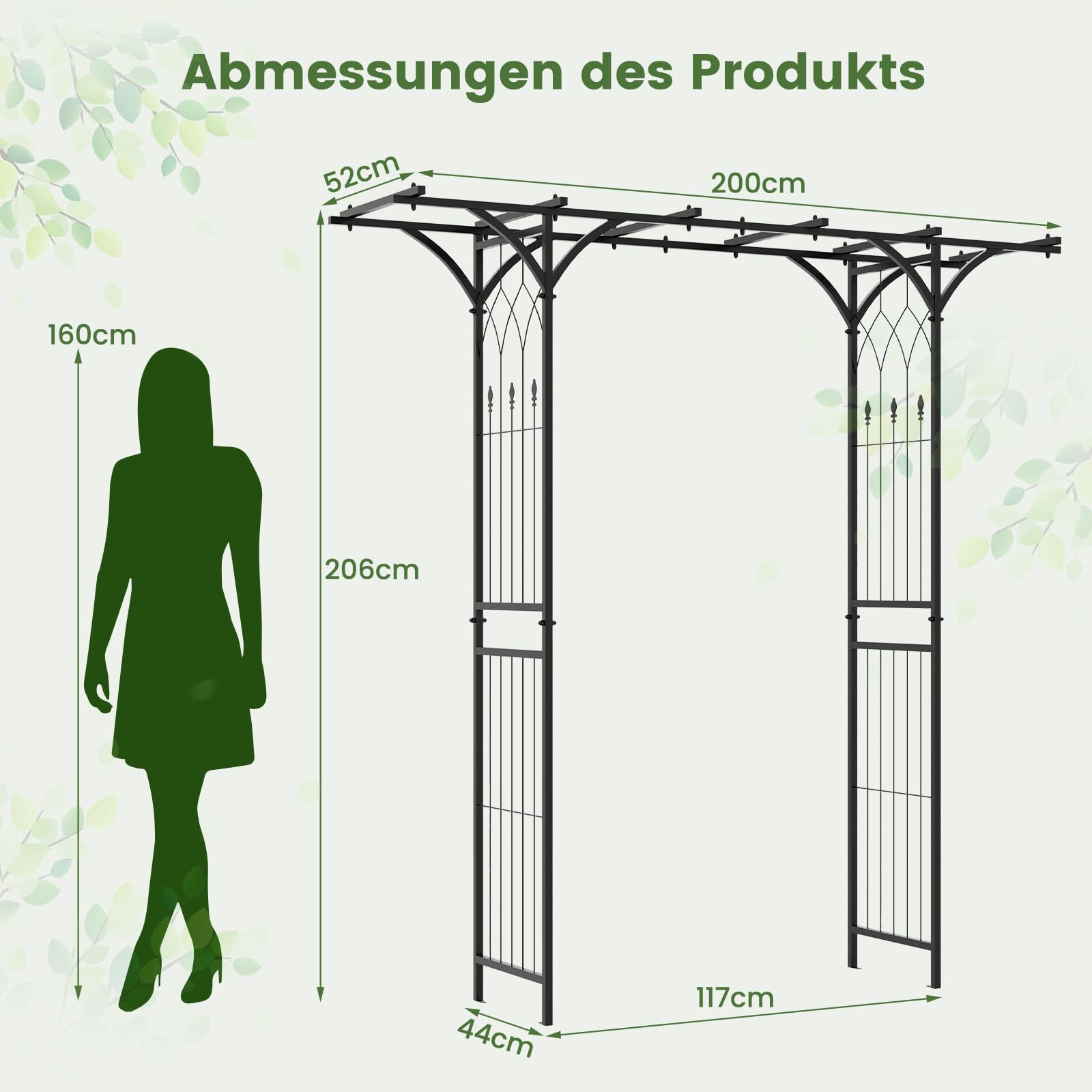 COSTWAY Rosenbogen Metall, Gartenbogen für Kletterpflanzen, Torbogen Garten, Rosengitter Rankhilfe, Rankgitter Rosenspalier, Rankbogen für Hinterhof Veranda Hochzeit Partys, 200x52x206cm, Schwarz
