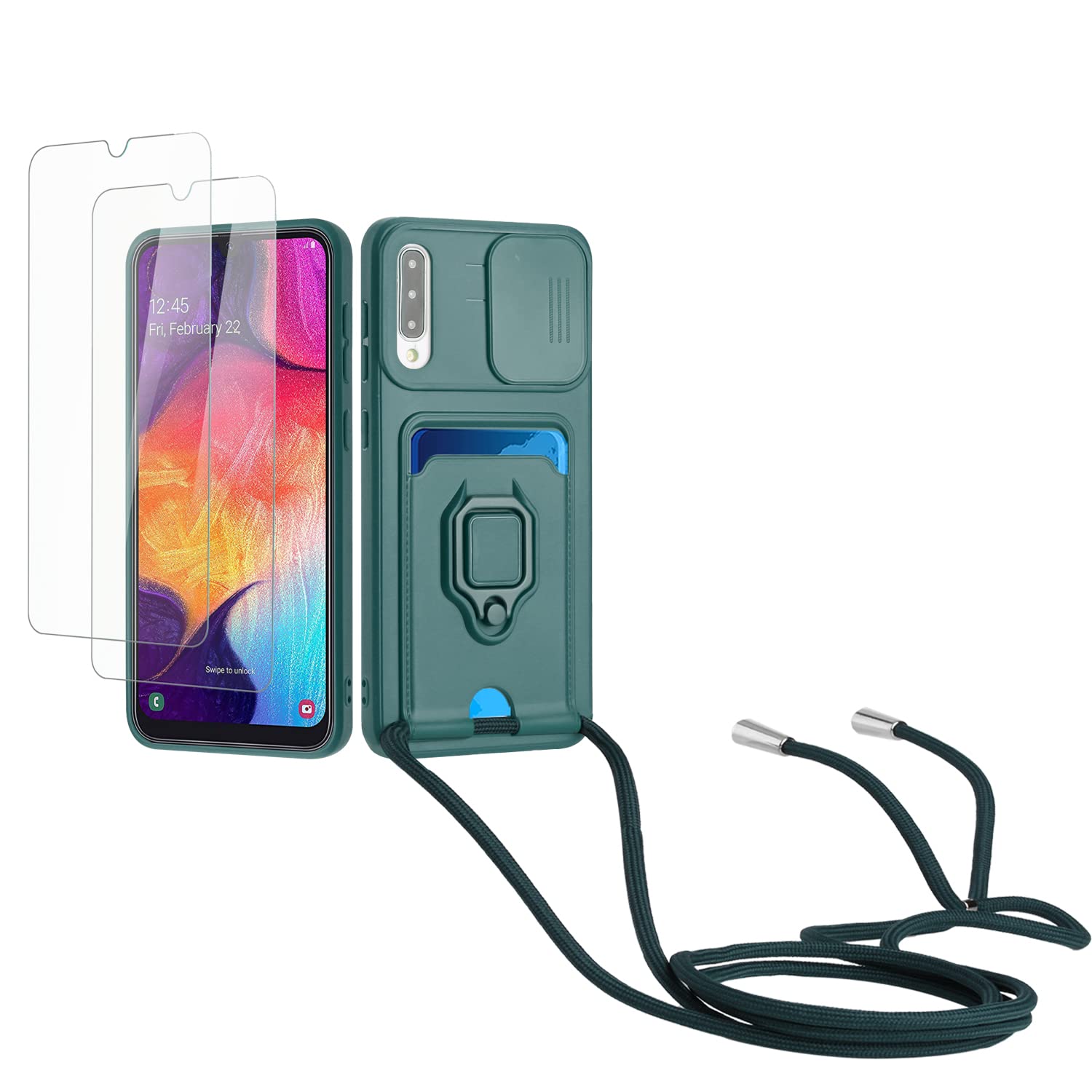 Kaslly Funda con Cuerda para Samsung Galaxy A35+[2 Pack Protector Pantalla],Case con Ranura para Tarjetas,Cubierta de Cámara Deslizante Proteger,Doble Cara Protección-Negro — view 48