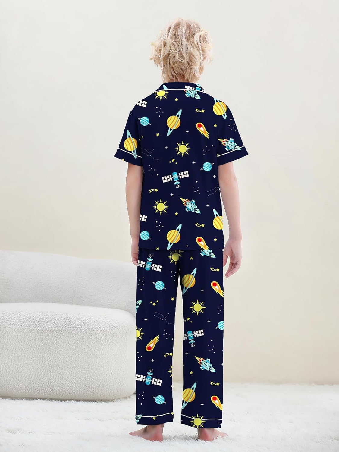 Umeyda Boys 100% Cotton Pajamas Short Sleeve and Long Pants 2-Piece PJ Set Kid Sleepwear Ages 4-12