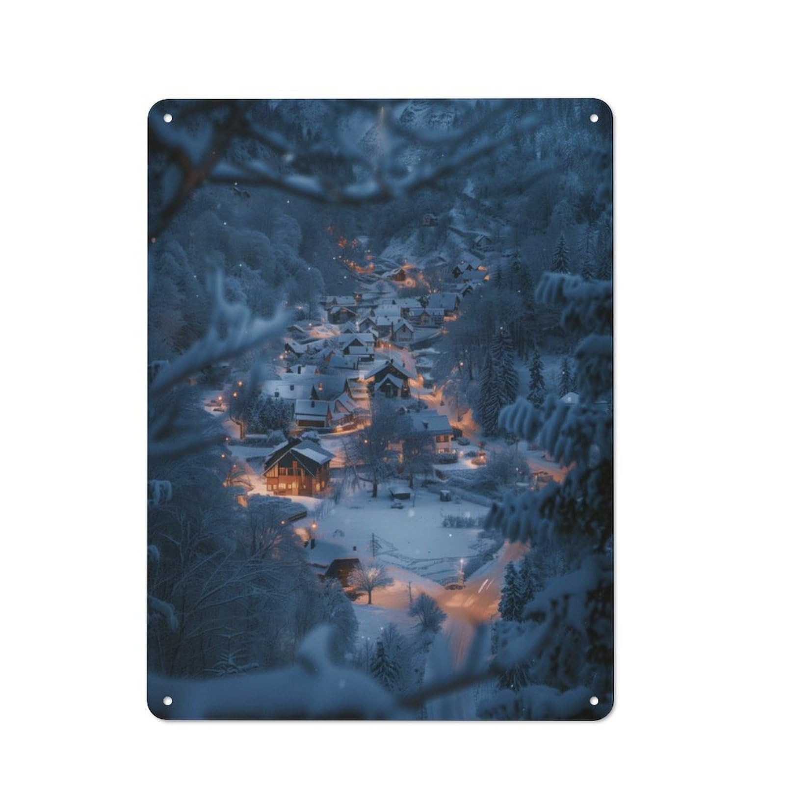 Junmoney Winter Snowy Village Night Metal Plaque 40X30cm With For Garage Wall, Vintage Decor, For Vintage Wall Decor Fans, For Metal Sign Collectors