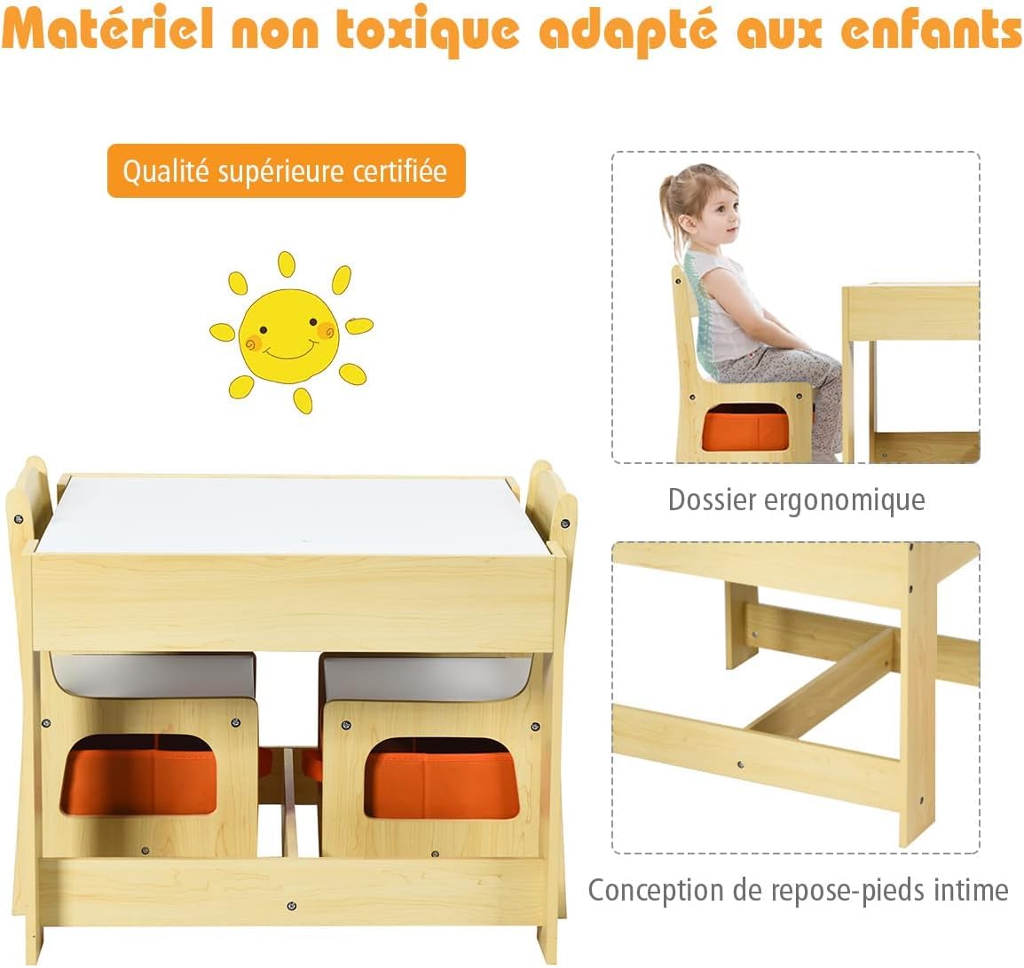 COSTWAY Table Enfant avec Chaise, Petite Table avec Tableau Amovible à 2 Faces et 2 Boîtes, Bureau Enfant avec Rangement Taille Compacte pour Chambre, École