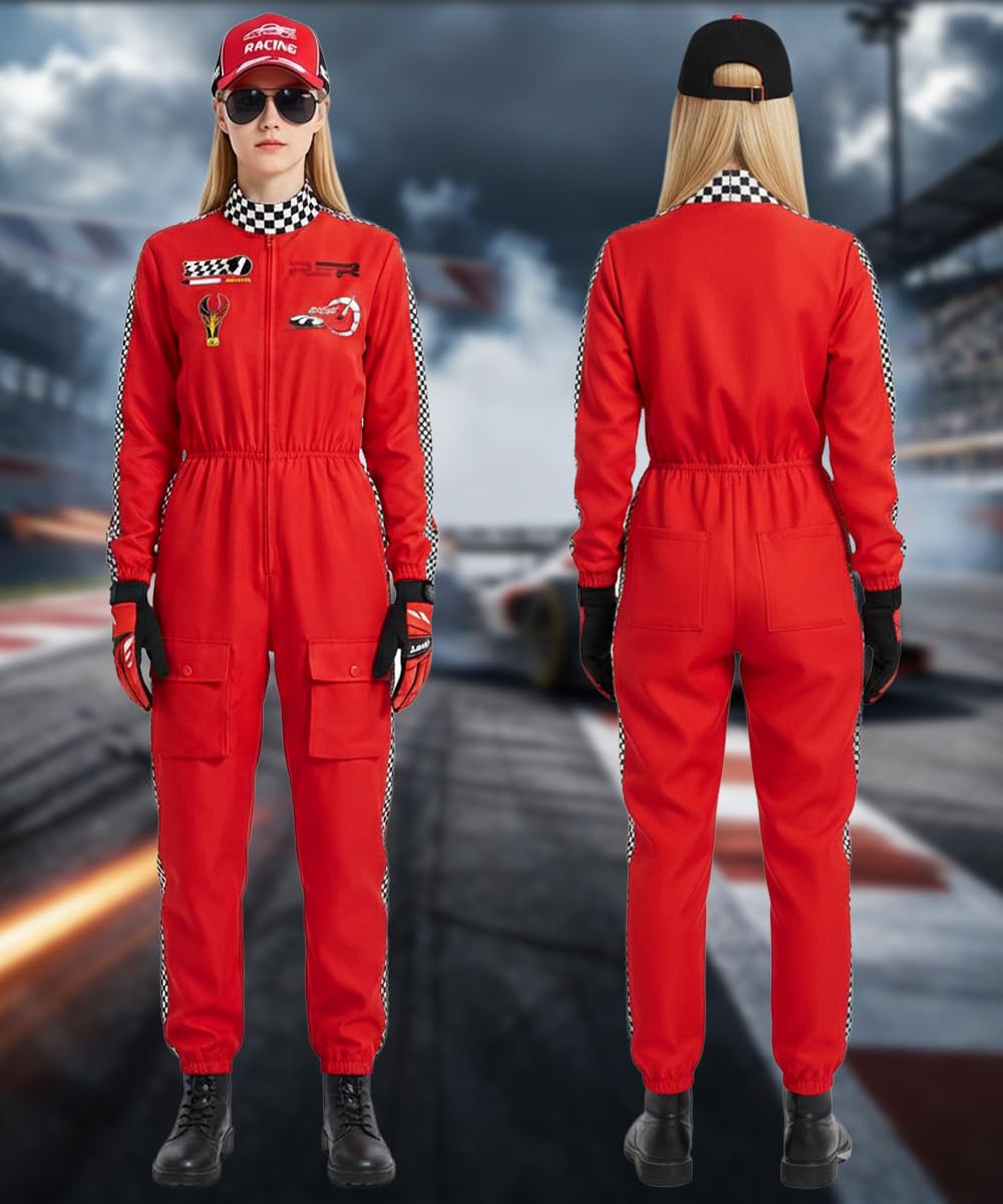 Costume da Pilota di Auto da Corsa per Donna, Racer Overall Outfit con Guanti, Cappello e Occhiali da Sole, Costume da Gioco di Ruolo Adulti, Tuta da Pilota per Carnevale Cosplay Halloween