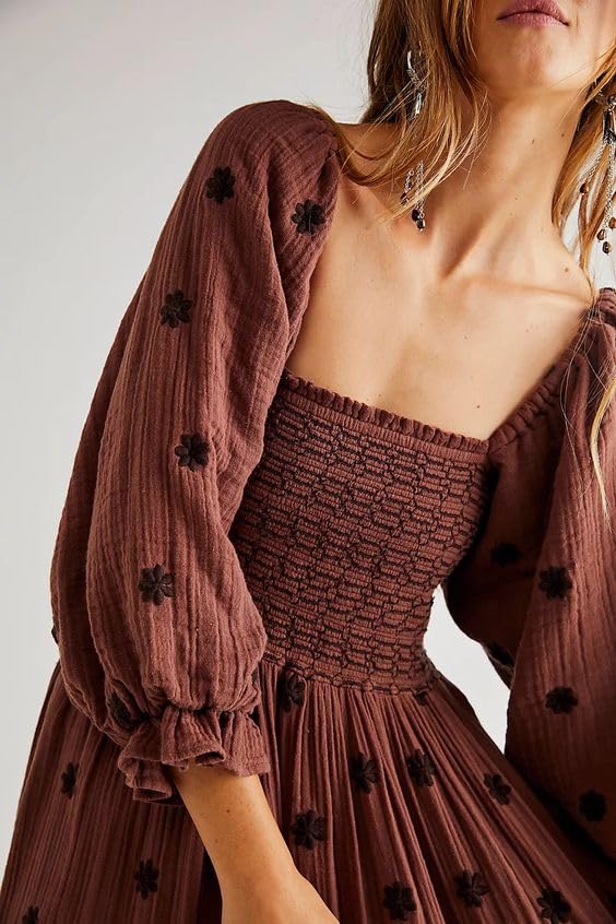 Women Checkered Bow Tie Dress Boho Floral Embroidered Flowy Long Dress Gingham Smocked Long Puff Sleeve Maxi Dress2