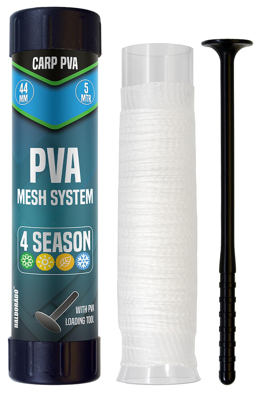 Haldorádó Carp PVA Mesh System 44mm x 5m – All-Season Water Soluble Fishing Bait Net with Loading Tube & Compression Tool – Quick Dissolve Carp Fishing Tackle for Pellets & Boilies