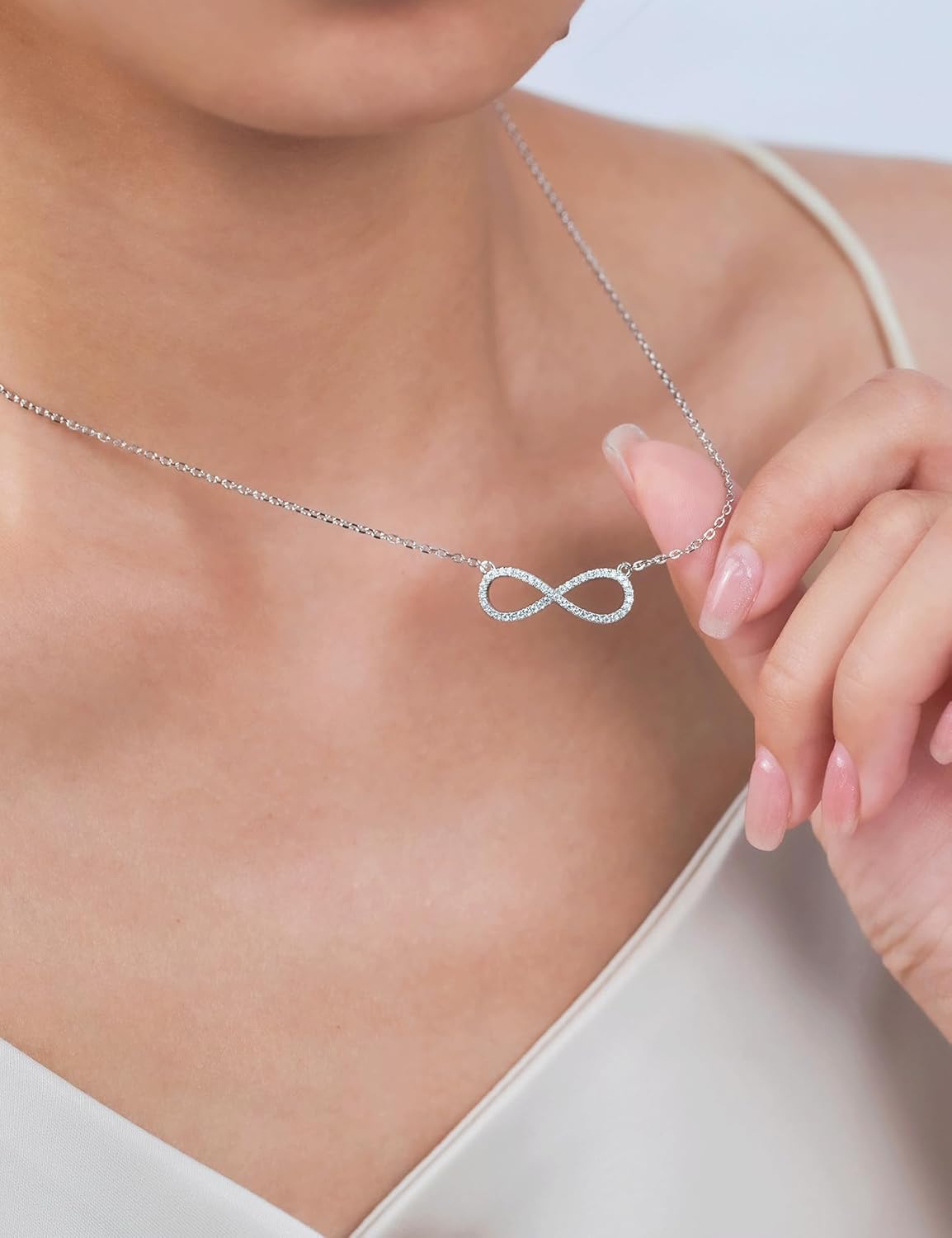 IMOLOVE Infinity Pendant Necklaces, 0.2 Carat Dainty Moissanite Pendant Necklace for Women Simple Trendy 925 Sterling Silver Pendant Necklaces for Women with 18K White Gold Plated - Image 3