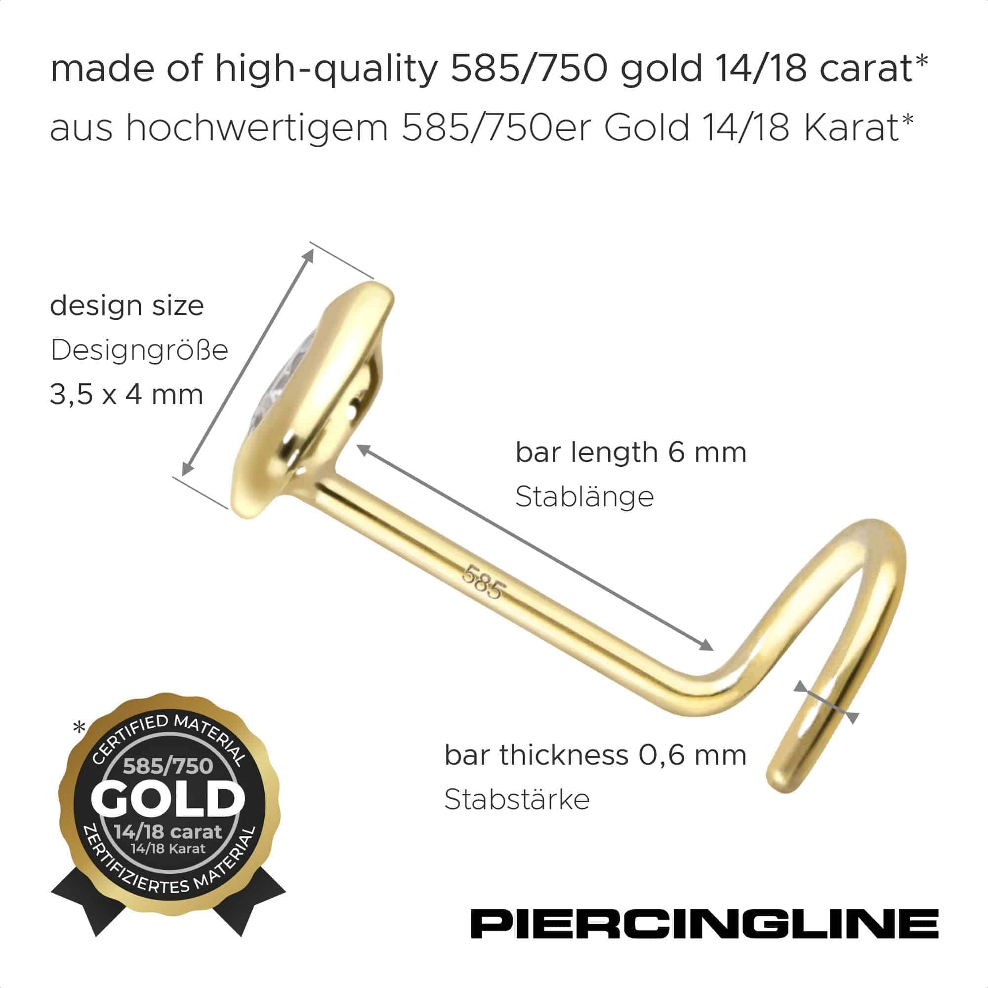 PIERCINGLINE Nasenpiercing 14K Gold Nasenstecker Spirale MOISSANIT + HERZ 585er Gold - Roségoldfarben, Goldfarben, Silberfarben