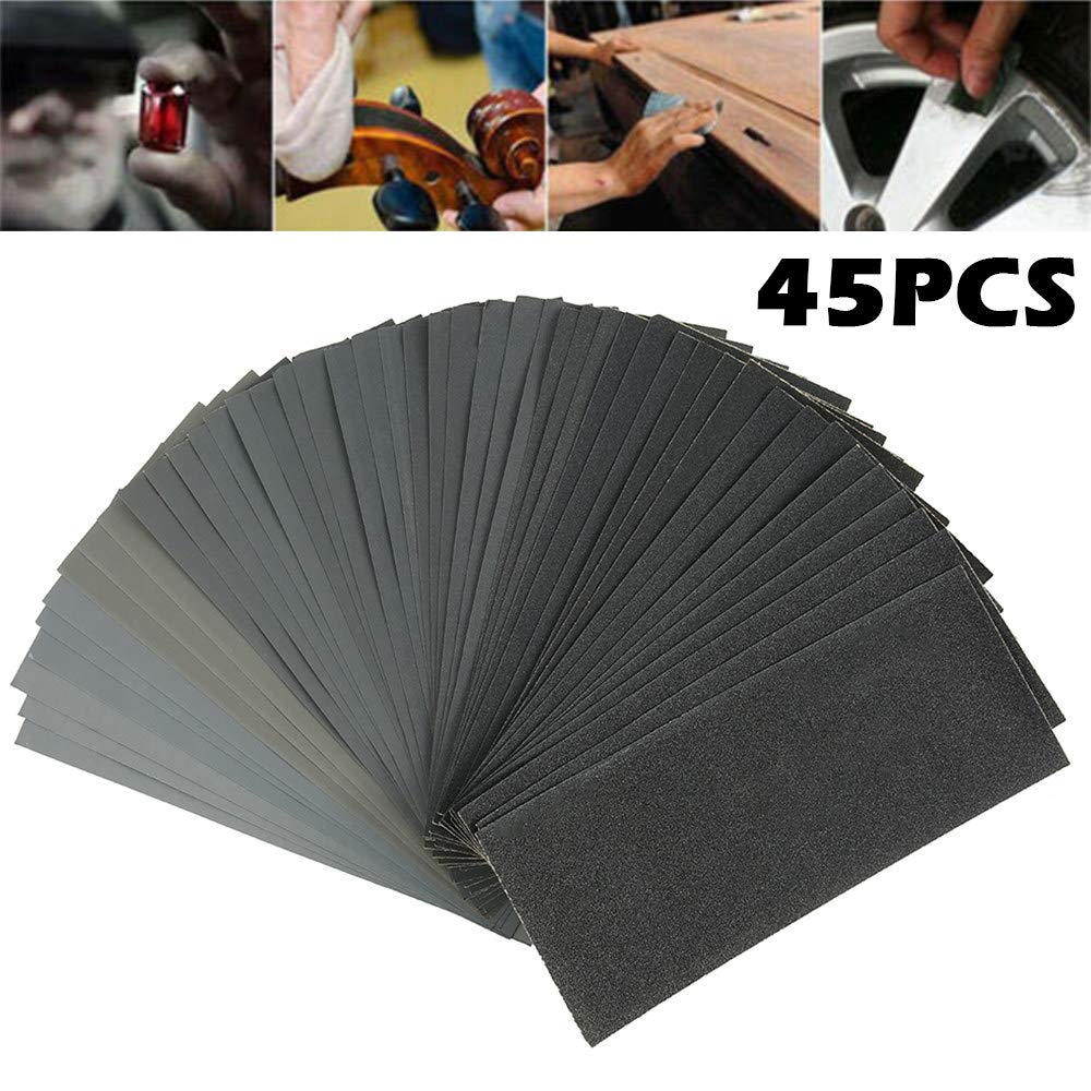 45 pièces papier abrasif sec humide 120 à 5000 grains assortiment feuilles de papier abrasif pour la finition de meubles en bois de ponçage automobile, comme le montrent