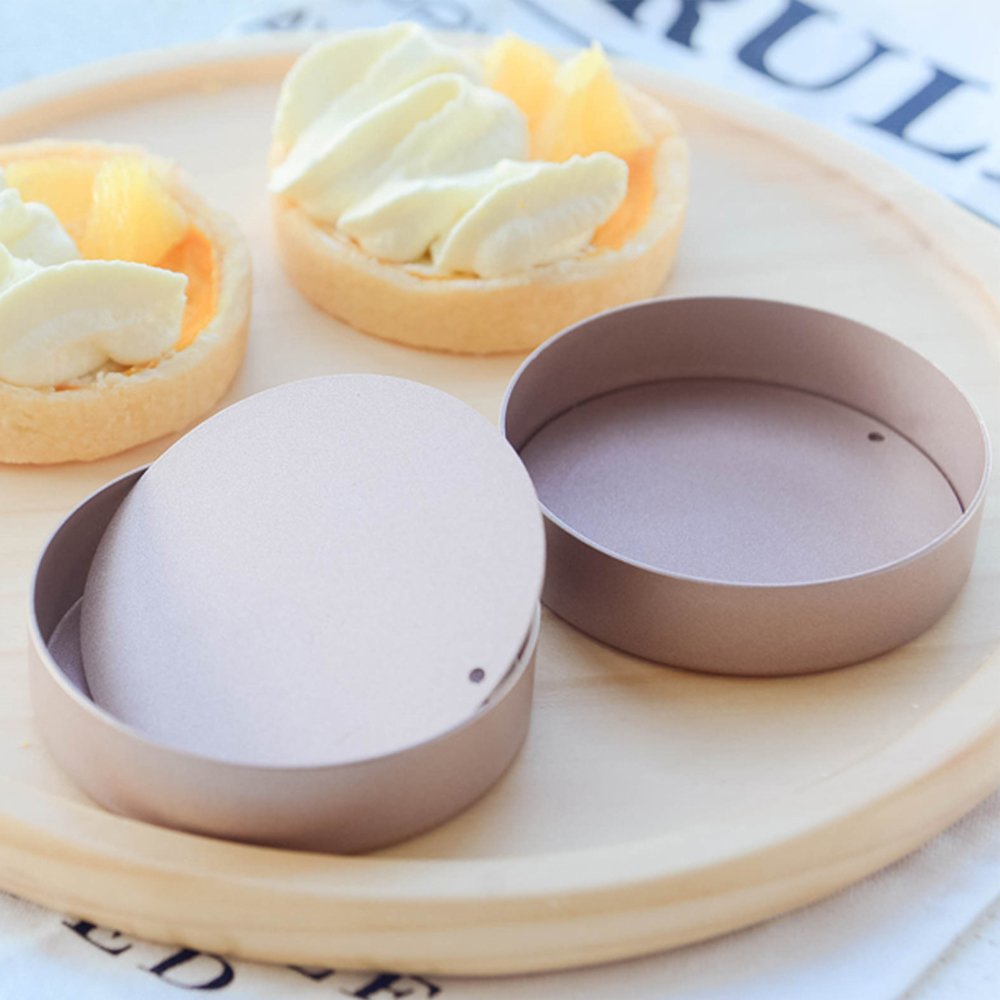 Roségold Aluminium Törtchen-Form-Set von 4 mit einer Holzpresse, Runde Backform 4er Set und Gebäckform und Torte, Tart & Quiche Pfannen