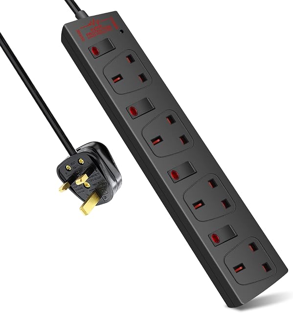 ExtraStar Extension Lead Surge Protection 4 Way Outlets, 13A Power Strip Wall Mounted with Individual Switches, Multi Socket Extension Cable UK Plug for Home and Office (2M, Black)