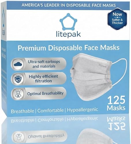 Litepak Paquete de 125 Mascarillas Faciales Desechables de Comodidad Premium con Cintas Elásticas para las Orejas con Caja Dispensadora (Gris)